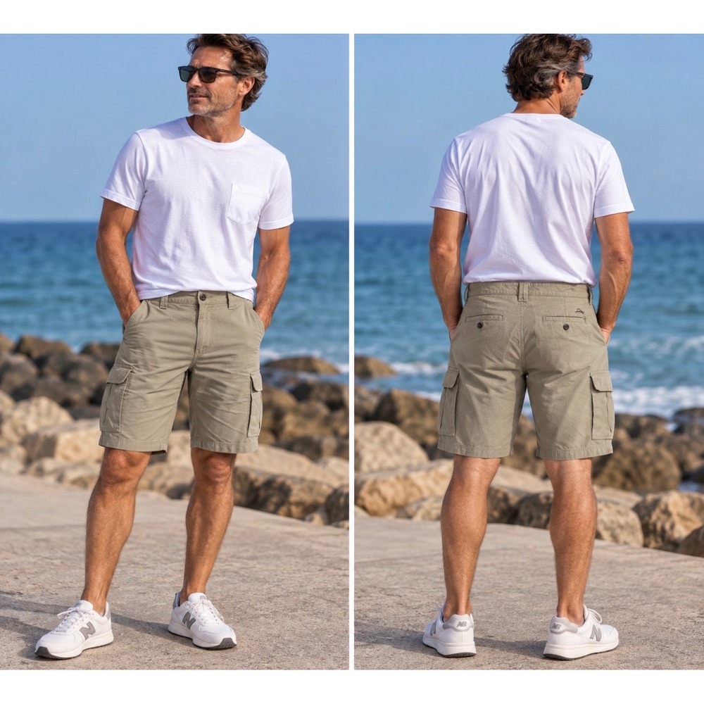 Tommy Bahama Mens Khaki Tan Cargo Shorts Size 38 Cotton Blend Utility Casual